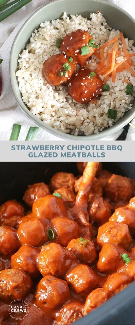 Easy to prep, and delicious to eat, these sticky Strawberry Chipotle BBQ Glazed Meatballs are sweet and savory, with just a little kick! #crockpotrecipe #strawberries #bbqsaucerecipe #meatballrecipes Strawberry Meatballs, Strawberry Bbq Sauce, Spicy Meatballs, Glazed Meatballs, Low Carb Meatballs, Crock Pot Meatballs, Slow Cooker Meatballs, Bbq Sauce Recipe, Primal Recipes