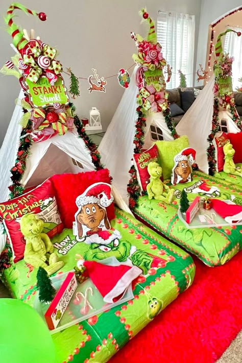 Turn your Grinch-themed celebration into an overnight extravaganza with a Christmas Sleepover!Deck out a sleeping area with Grinch-themed pillows and blankets, host a cozy movie marathon featuring all things Grinch, and serve up late-night Grinch snacks for an unforgettable slumber party experience.See more party ideas and share yours at CatchMyParty.com Christmas Tent Sleepover, Cute Christmas Sleepover Ideas, Grinch Sleepover Party, Christmas Slumber Party Ideas For Kids, How The Grinch Stole Christmas Party, Grinch Valentines Day, Sleepover Party Themes, Christmas Sleepovers, Grinch Sleepover