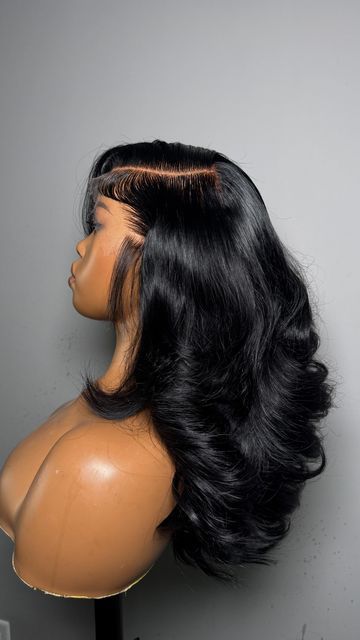 hair linked! Wig Lengths Chart, Black Wig Layers, Lace Front Wigs Layers, Sew In With Layers And Curls, Wig On Mannequin Head, Layered Curly Wig, Layers Wig Black Women, Sew In Hairstyles Layered, Flip Over Wig Install