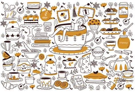 🍂 Drinking tea 🍂 by Anastasia Doroshenko on Dribbble Coffee Shop Menu Board, Wall Art For Cafe, Doodle Wall Art, Doodle Wall, Mirror Paint, Doodle Images, Coffee Cup Design, Tea Design, Stick And Poke