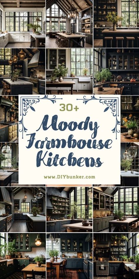 Check out these captivating moody farmhouse kitchen ideas, blending rustic charm with dark, dramatic elements for a cozy and inviting space. Discover how to infuse your kitchen with a sense of mystery and warmth through the use of deep colors and vintage accents. Rustic Kitchen With Black Cabinets, Kitchen Designs With Dark Cabinets, Dark Feminine Kitchen, Victorian Gothic Kitchen Ideas, Black Modern Farmhouse Kitchen, Black Kitchen Cabinet Ideas, Black Kitchen Cabinets Farmhouse, Farmhouse Kitchen With Black Cabinets, Moody Cottage Kitchen