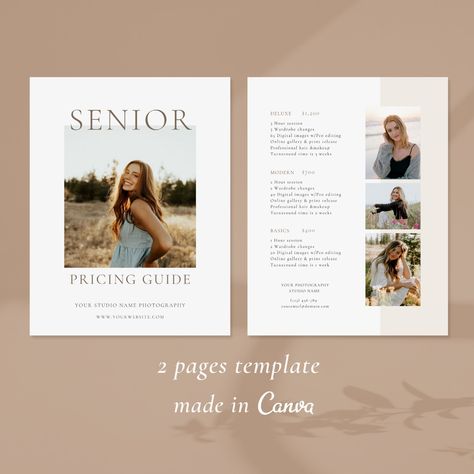 Senior Photography Pricing List| Senior Pricing Guide Sheet Template| Senior Collection Package| Photographer Price Guide| Canva Template https://etsy.me/3aqpLr8 #seniorpricelist #seniorpriceguide #seniorpricinglist #photopricesheet #canvatemplate #photographypricing # Senior Package Pricing, Senior Packages Photography, Senior Picture Pricing Guide, Senior Photo Packages, Senior Photography Pricing Guide, Photographer Price List, Photographers Price List, Photography Pricing Guide, Photography Pricing Template