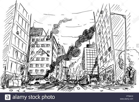 Destruction Drawing, Destroyed City, Background Sketch, Post Apocalyptic City, Broken City, Abandoned City, Perspective Drawing Architecture, City Sketch, Building Sketch