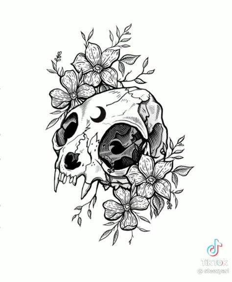 Tattoo Animal Skull, Tattoos Spooky, Tattoos Skeleton, Animal Skull Drawing, Drawing Of A Skull, Cat Skull Tattoo, Tattoo Crane, Skull Tattoo Flowers, Dog Skull