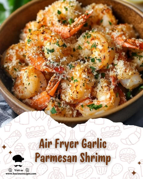 Delight in the ease of this Air Fryer Garlic Parmesan Shrimp recipe! Crispy, juicy shrimp in a flavorful garlic Parmesan blend—ready in just 18 minutes. Lemon Garlic Parmesan Shrimp, Air Fryer Shrimp Scampi Recipes, Air Fry Shrimp Frozen, Air Fryer Garlic Parmesan Shrimp, Air Fryer Shrimp Recipes Easy, Airfryer Shrimp Recipes, Air Fryer Seafood Recipes, Shrimp Recipes Air Fryer, Shrimp Air Fryer Recipes