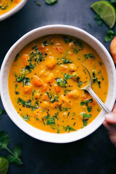 Sweet Potato Coconut Curry Soup (With Chickpeas!) - Chelsea's Messy Apron Potato Coconut Curry, Sweet Potato Coconut Curry, Turtle Candy, Chicken Curry Soup, Curried Lentil Soup, Sweet Potato Soup Recipes, Coconut Curry Soup, Chelsea's Messy Apron, Coconut Milk Soup