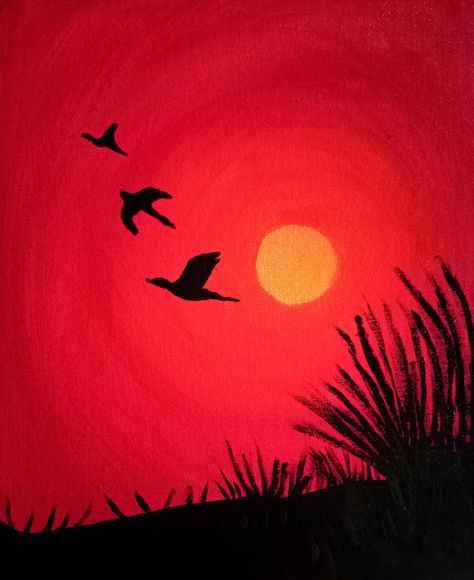 Medium used is acrylic paints (on canvas)..Colours :- Lemon yellow, Orange , red, black and sap green...Topic - Sunset 🌇 birds scenery. Painting Ideas On Canvas Red Background, Red Scenery Painting, Red Background Painting Easy, Black And Red Painting Ideas, Red Painting Ideas On Canvas, Red Painting Ideas, 3d Pencil Art, Birds Scenery, 2023 Watercolor