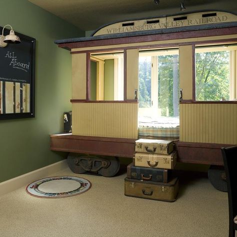 Train Theme Bedroom, Daycare Infant Room Ideas, Train Room Ideas, Boys Train Room, Bedrooms Bookshelves, Boys Loft Beds, Train Room Decor, Train Bed, Train Bedroom