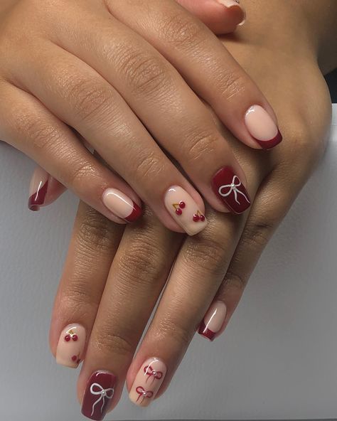 enjoy this sweet cherry natural gel mani 🍒 @beetles_community @beetlesgelpolish #gel #gelnails #gelpolish #gelmanicure #gelnail #nailsnailsnails #nails #nailart #naildesign #nails4today #cherrynails #bownails #coquette Cherry Gel Nails Short, Short Cherry Nails Designs, Cherry Short Nails, Cherry Gel Nails, Biab Nails Short, Short Biab Nails, Nails Biab, Biab Nails, Natural Gel Nails