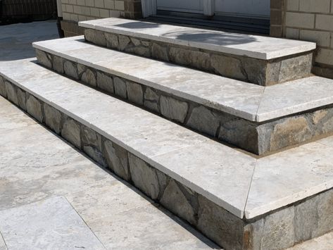 Hardscape Design - Replacing Outdoor Patio Steps for Safety Reasons (Part 4) - Happy Haute Home Outdoor Steps Ideas, Porch Steps With Landing, Porch Steps With Railing, Steps With Railing, Porch Steps Ideas, Exterior Steps, Patio Stairs, Front Porch Steps, Front Door Steps