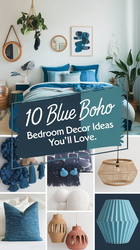 Discover inspiring blue boho bedroom ideas to create a peaceful escape! Embrace woven accents, natural materials, and cozy textiles in shades of blue for a chic, laid-back look that feels fresh and inviting. Perfect for achieving a relaxed bohemian vibe! #BohoBedroomDecor #BlueBoho #HomeInspo Teen Girl Bedrooms Blue, Boho Blue Bedroom, Blue Boho Bedroom Ideas, Navy Blue Headboard, Blue Boho Bedroom, Blue Themed Bedroom, Blue Girls Rooms, Girls Blue Bedroom, Girls Boho Bedroom