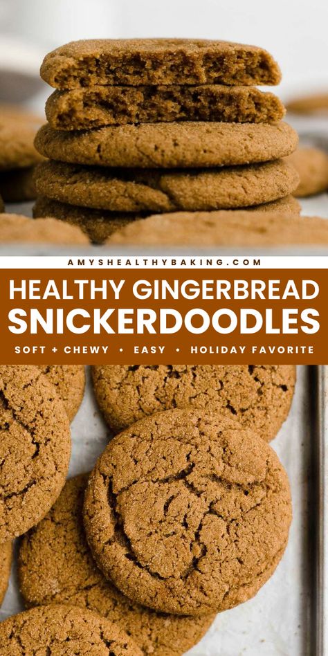 One of the best Christmas cookies ever! Not only are these Healthy Gingerbread Snickerdoodle Cookies soft and chewy with a hint of crispness from their sweet coating, but they're also clean eating with a gluten free option. Save this gingerdoodle recipe and enjoy some easy holiday baking! Flourless Snickerdoodle Cookies, Low Fat Gingerbread Cookies, Toddler Christmas Cookies Healthy, Healthy Ginger Bread Cookies, Grain Free Gingerbread Cookies, Healthy Sandwich Cookies, Clean Christmas Cookie Recipes, Low Sugar Gingerbread Cookies, Refined Sugar Free Gingerbread Cookies