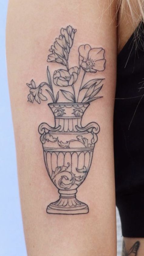 #tattooart #tattooed #tattooedwomen #nature #art Fine Line Vase Tattoo, Vase Tattoo, Chic Tattoo, Tasteful Tattoos, Sketch Tattoo Design, Greek Tattoos, Flowers Vase, Line Art Tattoos, Back Tattoo Women