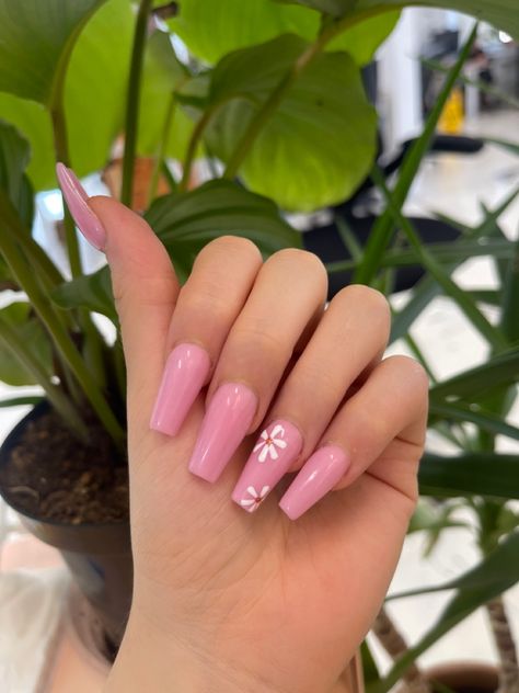 Acrylic Nails Pink With Flowers, Pink Pastel Acrylic Nails, Pastel Pink Nails With Flowers, Light Pink Nails With Flower Design, Light Pink Nail Inspo Acrylic, Simple Spring Nails Acrylic Coffin, Light Pink Acrylic Nails Designs, Light Pink Nails Coffin, Light Pink Spring Nails