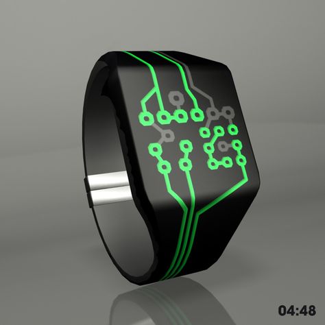 Electronic Tron Inspired Watch--OMG you guys! There is ANOTHER Tron inspired watch! What is it about that movie that inspires people to make watches that cannot be read? Did the hero die because the villain was able to tell time? That's it, isn't it? Watch Concept, Armadura Ninja, Futuristic Retro, Futuristic Watches, Skull Watch, Tech Watches, New Technology Gadgets, Led Watch, Watches Unique