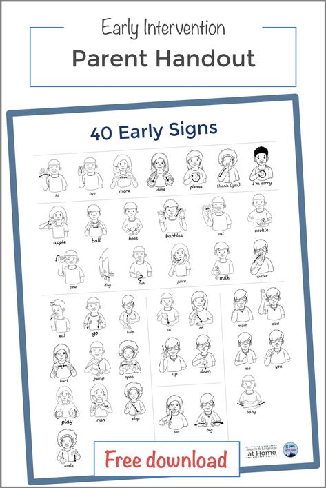 Early Intervention Parent Handout 40 Early Signs free download Baby Sign Language Printable, Baby Sign Language Chart, Sign Language For Toddlers, Sign Language Basics, Makaton Signs, Learn Asl, Sign Language Chart, Introduction Page, Sign Language For Kids