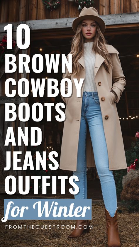 a woman wears brown cowboy boots and jeans for winter, western outfits Jean Western Outfits, Pregnant Cowboy Boots Outfit, Women’s Casual Outfit With Cowboy Boots, Outfit Ideas With Cowboy Boots For Women, Plus Size Cowboy Boots Outfit For Women, Cowboy Boots Outfit Winter Jeans, Boots And Bling Party Outfit Classy, Brown Cowboy Boot Outfits, Jeans Western Outfits