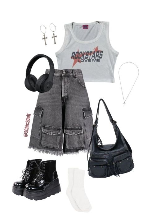 edgy outfits, summer outfit edgy, rock concert outfit, rocknroll concert outfit, cargo jorts outfit summer, summer outfits jorts, jorts edgy, jorts outfit inspo, platform shoes outfit, shiny black shoes, leather bag outfit, cross earings styling, edgy jewelry, rockstars love me, black headphones outfit, graphic tank top outfit, tank top styiling, cargo bag, cargo messenger bag, rockstar glam vibes, rockstar outfit, slay fits, nighcity outfit, night outfit edgy, school outfit edgy, outfits simple Dresses For Formal, Dresses For Formal Events, Diy Vetement, Easy Trendy Outfits, Online Group, Swaggy Outfits, White Dresses, Mode Inspo, Really Cute Outfits