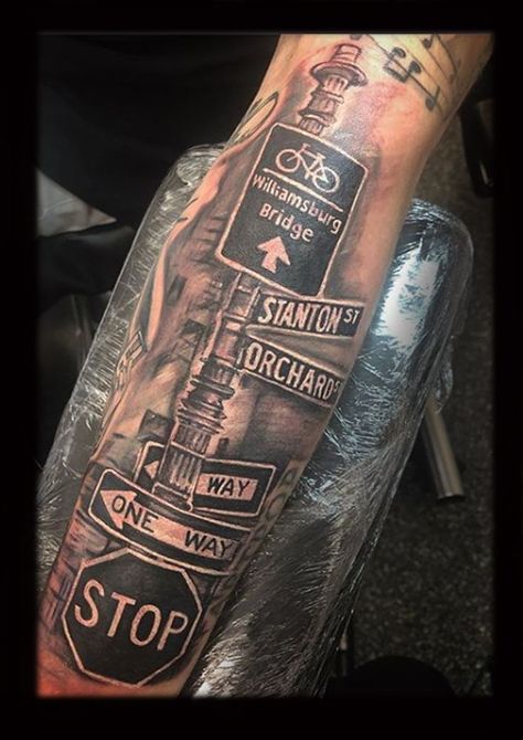 Street Tattoos, Tricep Tattoos, Houston Tattoos, Black Men Tattoos, Cool Half Sleeve Tattoos, New York Tattoo, Beginner Tattoos, Nyc Tattoo, Sign Tattoo