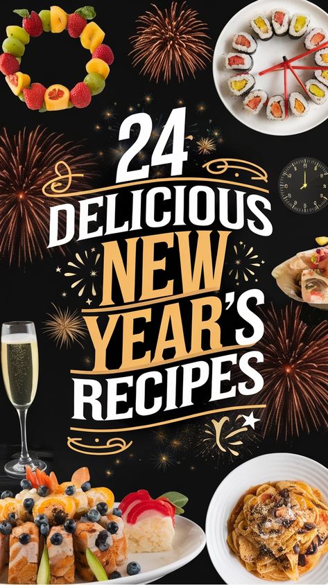 24 delicious New Year's recipes with images of diverse festive dishes and fireworks. New Year��’s Eve Food Ideas For Party, New Year’s Eve Dinner Theme, New Years Eve Supper Ideas, New Year's Dinner Ideas, New Year’s Meal, What To Make For New Years Eve Dinner, New Year’s Day Party Food, New Years Meals Ideas, Food For New Years Day