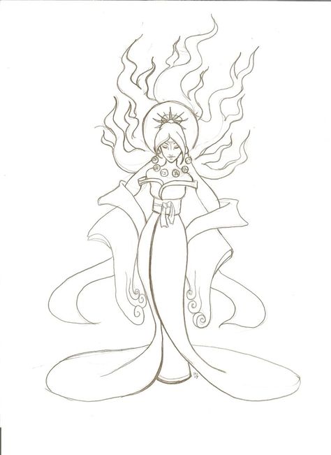 Amaterasu, Shinto goddess of the sun Goddess Sketch Drawing, Sun Goddess Drawing, Moon Goddess Drawing, Goddess Drawing Reference, Amaterasu Goddess, Goddess Coloring Pages, Drawing Goddess, Mermay 2024, Goddess Drawing