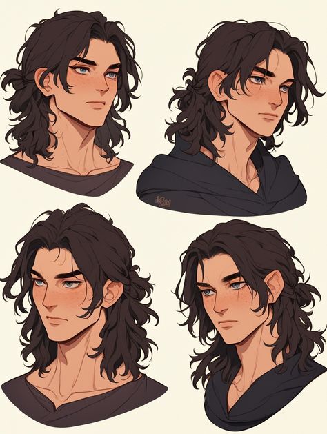 Shoulder Length Hair Reference, Dark Brown Hair Male Character Art, Guys With Long Hair Drawing Reference, Hairstyles For Long Hair Male, Male Hair Reference Long, Long Haired Character Design Male, Guy Head Drawing Reference, How To Draw Middle Part Hair, Male Hairstyles Reference Drawing