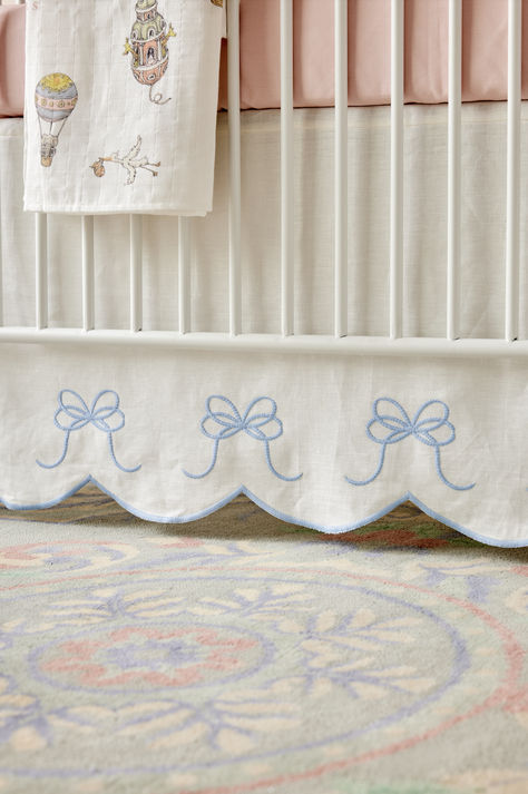 A darling bow detail on a classic scalloped crib skirt || Caitlin Wilson Design Parisian Nursery, French Nursery, Girly Nursery, Kids Rooms Inspo, Classic Nursery, Embroidered Bow, Crib Skirt, Crib Skirts, Sweet Home Alabama