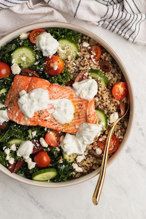 Inspiralized: Air Fryer Tzatziki Salmon Bowls with Lemony Kale Tzatziki Salmon, Salmon Bowls, Shrimp Zucchini, Salmon Bowl, Healthiest Seafood, Spiralizer Recipes, How To Cook Fish, Salmon Salad, Healthy Food Blogs