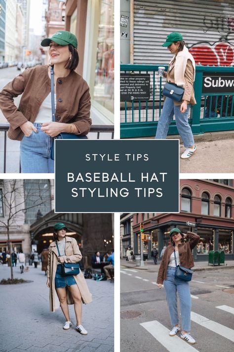 The best baseball cap style tips for women so you look cool and chic in a baseball hat and not like you're just covering up dirty hair. Try these styling ideas for any season. Cute Outfits With Baseball Caps Winter, Khaki Baseball Cap Outfit, Styling Baseball Caps, Baseball Cap Winter Outfit, Short Hair With Cap Hats, How To Wear A Trucker Hat Women, Baseball Hat Short Hair, Casual Baseball Cap For Winter, Cute Ways To Wear A Baseball Hat