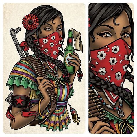 This is a back tattoo of a Zapatista woman (Mexican revolutionary) I designed for Jag Ghankas. #zapatista #mexican #tattoo #chiapas #ammo #ak47 #art #gun #molotov #rifle #samphillips #samphillipsillustration #bandana #revolution #liberation #flashart Zapatista Art, Mexican Heritage Tattoos, Hispanic Tattoos, Aztec Tattoo Mexican, Traditional Chicano Tattoos, Art Chicano, Sam Phillips, Mexican Tattoo, Mexican Art Tattoos