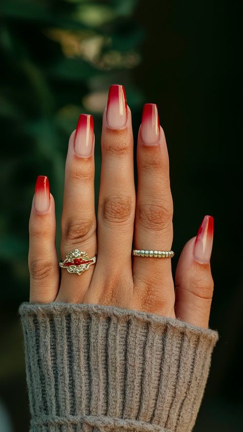 Make a striking impression with these bold red ombre nails! This eye-catching gradient transitions flawlessly from a deep crimson to a vibrant cherry red, creating a stunning effect that’s perfect for any occasion. Whether you're dressing up for a night out or looking to add drama to your everyday style, these nails are sure to turn heads. Pair them with gold accents or minimalistic designs for a touch of elegance! ❤️🔥 #OmbreNails #RedNails #NailArtInspo #GradientNails Ombre Nail Colors, Black To Red Ombre, Red Ombre Nails, Red Jelly, Cherry Nails, Red Ombre, Gradient Nails, Nails Inspo, Ombre Nails