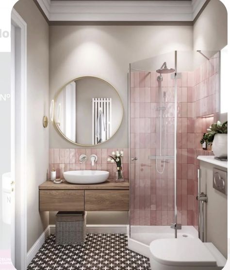 Pink Tile Bathroom, Small Toilet Room, Bathroom Redesign, Bathroom Design Ideas, Bathroom Design Decor, Dream House Rooms, Bathroom Inspiration Decor, Bathroom Trends, Upstairs Bathrooms