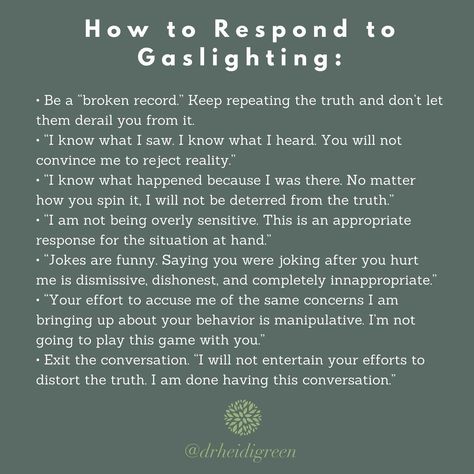 Dr. Heidi, Trauma Specialist (@drheidigreen) posted on Instagram • Dec 8, 2020 at 4:30pm UTC Respond To Gaslighting, Cloth Backpack, Narcissism Relationships, Healing Journaling, Rules Of Engagement, Healthy Communication, Relationship Psychology, Energy Healing Spirituality, Healing Words