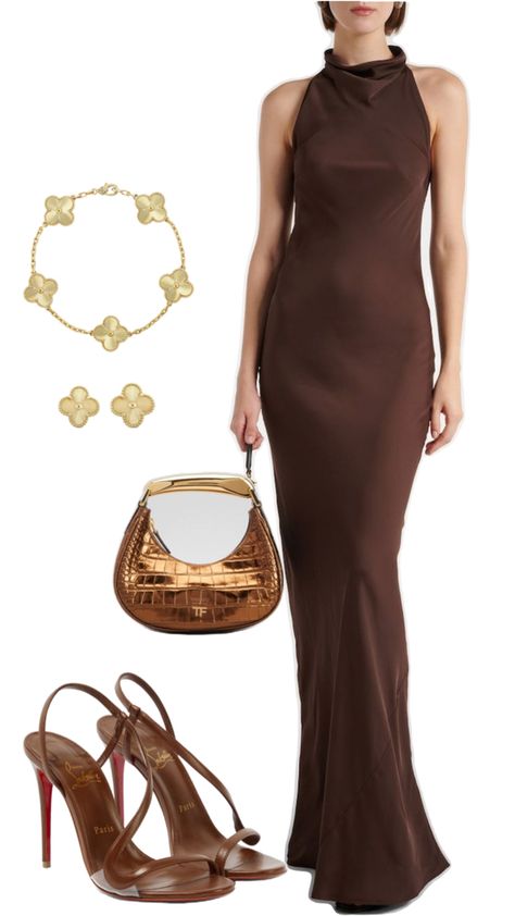 Dress jewelry  heels bag Brown Satin Dress Outfit, Brown Slip Dress Outfit, Satin Dress Outfit, Brown Satin Dress, Brown Slip Dress, Slip Dress Outfit, Dress Styling, Brown Satin, Brown Outfit