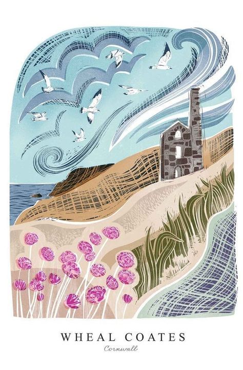 Sea Illustrations, Place Poster, Postcards Inspiration, Rugged Landscape, Pink Wildflowers, Sea Watercolor, Lino Art, Landscape Orientation, Small Art Prints