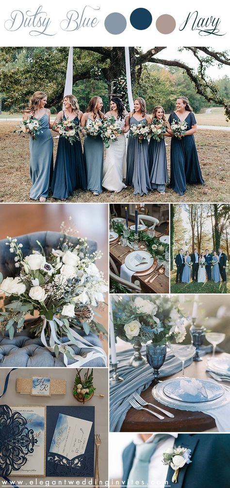 elegant and chic rustic fall wedding color inspiration in dusty blue and classic blue Wedding Colors With Gray, Fall Wedding Ideas Blue, Dusty Blue Wedding Decorations Rustic, Blue Tone Wedding Color Schemes, Dusty Blue November Wedding, Grey And Blue Wedding Colors, Dark Blue Fall Wedding, Navy And Steel Blue Wedding, November Wedding Blue