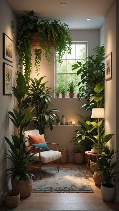 Dreaming of a Serene Oasis? 💚 • Bring the outdoors in with lush, decorative plants • Mix textures & colors for a visually stunning look  • Strategically place plants to create a cozy ambiance • Transform any space into a peaceful green retreat #gardening #plantdecor #interiordesign #gardenbliss #homeandgarden #betterhomesandgardens #homegardening #homesandgardens #homegarden #gardenhome #gardeningathome Bright Living Room With Plants, Plant Room In House, Lounge Room Plants, Reading Room Plants, Plants Studio Apartment, At Home Plant Nursery, Lush Indoor Plants, Plant Tv Wall, Green Room With Plants