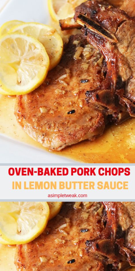 These Pork Chops in Lemon Butter Sauce are oven-baked and with just a few ingredients, you will have a delightful lunch/dinner. The ingredients are super simple, but the flavors get infused into the bones. It’s so delicious. Lemon Garlic Butter Sauce, Baked Pork Chops Oven, Lemon Butter Chicken, Easy Pork Chop Recipes, Pork Chop Recipes Baked, Lemon Butter Sauce, Chops Recipe, Baked Pork, Baked Pork Chops