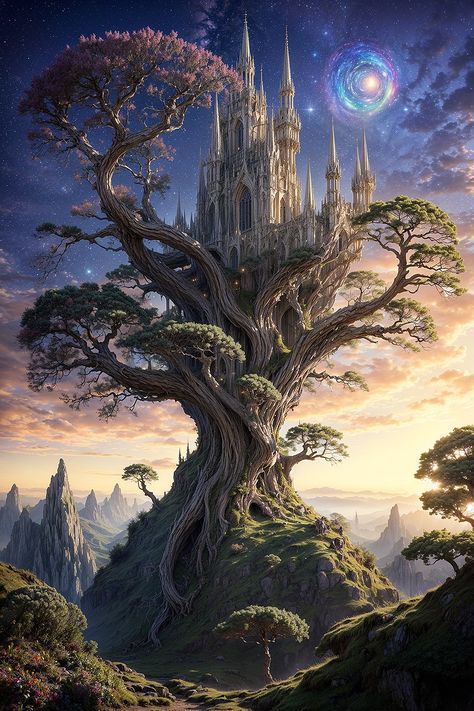 Discover the enchanting beauty of this elven castle intertwined with a massive, ancient tree. This AI-crafted artwork captures the essence of fantasy, making it a stunning addition to any collection. Ideal for those who love fantasy characters and mythical worlds. #FantasyCharacters #Elves #AIArt #FantasyLandscapes #DigitalArt #Enchantment Tree Castle Fantasy Art, Earth Castle Fantasy Art, Nature Kingdom Fantasy Art, Underground Castle Fantasy Art, Fantasy World Castle, Fantasy Tree City, Elven Fortress, Tree Fantasy Art, Earth Castle