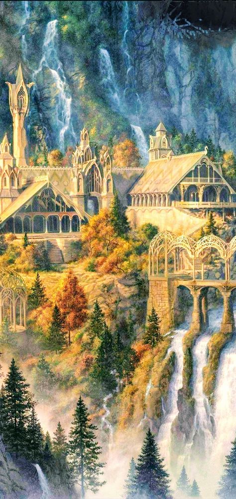 Middle Earth Background, Lotr Map Wallpaper, Rivendell Wallpaper Iphone, Rivendell Lord Of The Rings, The Hobbit Phone Wallpaper, Lord Of The Rings Landscape Art, Lotr Ipad Wallpaper, Lord Of The Rings Buildings, Lothlorien Wallpaper