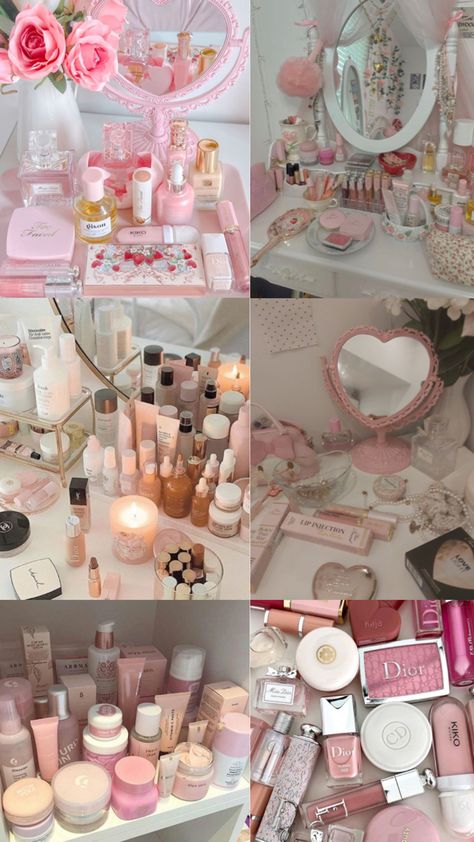 Aesthetic beauty makeup and skincare products displayed on vanities collage wallpaper, etc #aesthetic #beauty #collage #wallpaper #goals #makeup #skincare #healthy #selfcare Beauty Collage Wallpaper, Skincare Vanity, Makeup Collage, Vanity Display, Makeup Wallpapers, Makeup Bag Essentials, Tanning Products, Top Skin Care Products, Makeup And Skincare