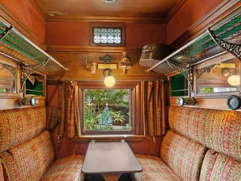 Grand Chatswood estate has its own converted train carriage room - realestate.com.au Vintage Train Carriage, Old Train Carriage, Converted Train Carriage, Vintage Train Interior, Inside Car Reference, Old Train Interior, Train Inside, Train Interior, Train Carriage