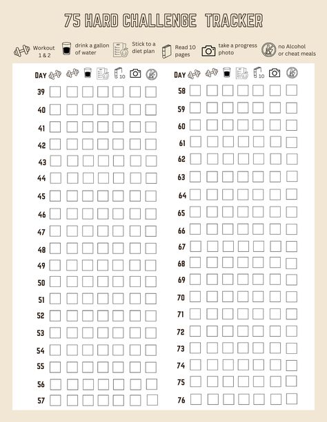 Page two of my 75 day hard challenge tracker. the first one is on my page. Challenge Tracker Free Printable, 75 Hard Workout Ideas, 75 Hard Challenge Tracker Free Printable, Tracker Free Printable, 75 Hard Challenge Tracker, 75 Hard Challenge, 75 Hard, Workout Diet Plan, Challenge Tracker