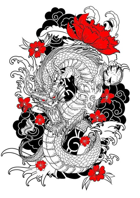 White Dragon With RED Blossoms Red Dragon Black Flowers Tattoo, Japanese Black And Red Tattoo, Dragon With Cherry Blossom Tattoo, Dragon Red Tattoo, Black And Red Dragon Tattoo, Red And Black Dragon Tattoo, Dragon Chino Tattoo, Dragon Flower Tattoo, Dragon With Flowers