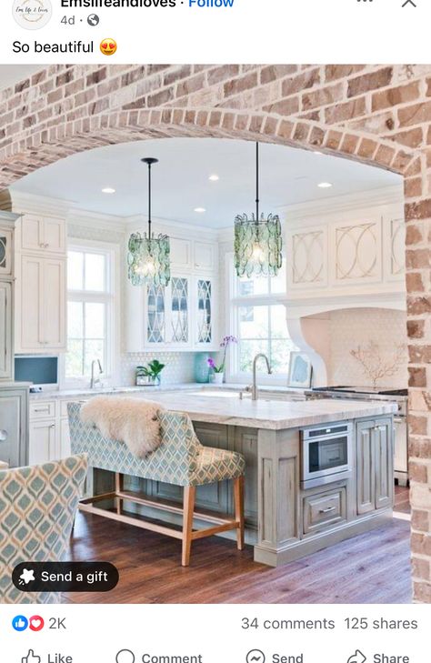 Kitchen Exposed Brick, Brick Accent Walls, Brick Accent Wall, Architecture Renovation, Farmhouse Kitchen Island, White Kitchen Decor, Diy Kitchen Remodel, Diy Kitchen Decor, Brick Walls