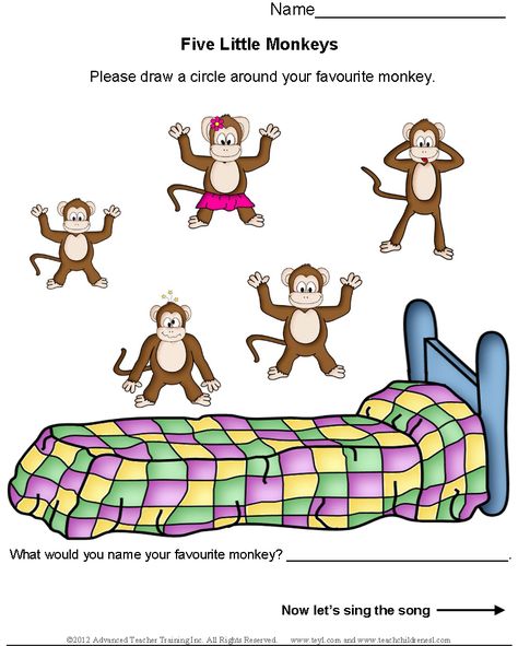 1 of 2 --- http://www.teachchildrenesl.com/songs/five-little-monkeys/ Monkey Worksheet, Monkey Template, Monkeys Jumping On The Bed, Nursery Rhymes Lyrics, 5 Little Monkeys, Jumping On The Bed, Monkey Jump, Fathers Day Coloring Page, Five Little Monkeys