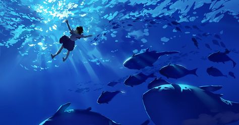 Anime Ocean Wallpaper Desktop, Ocean Header Aesthetic, How To Draw Underwater Scene, Desktop Wallpaper Art, Blue Anime, Ocean Wallpaper, Anime Screenshots, Environment Concept Art, Anime Scenery Wallpaper