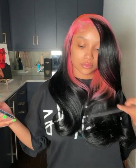 Black And Pink Quick Weave, Skunk Stripe Quick Weave, Pink And Black Sew In, Colored Roots With Black Hair, Lace Fronts, Creative Hair Color, Quick Weave Hairstyles, Dyed Hair Inspiration, Dyed Natural Hair