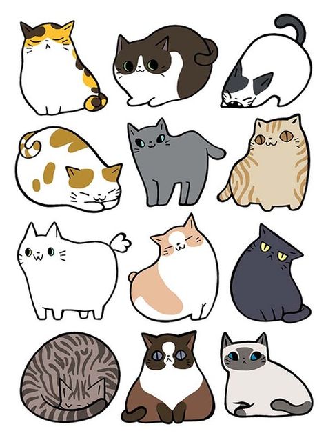 Cat Sticker Set, Art Mignon, Cute Cat Drawing, Cat Doodle, Söt Katt, 강아지 그림, Drawing Faces, Cat Posters, Dessin Adorable