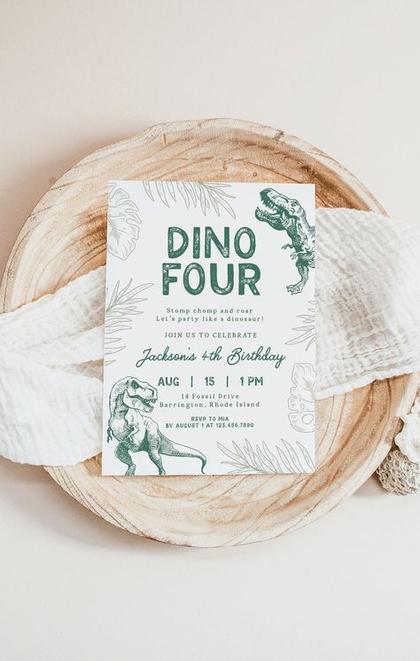 JACKSON | Dino FOUR Stomp Chomp Roar Dinosaur 4th Birthday Party Invitation Green Jurassic T Rex Template Instant Download Editable Invite T Rex Template, Dinosaur 4th Birthday Party, Dinosaur Birthday Invitations, Dino Party, Dinosaur Birthday Party, 4th Birthday Parties, 3rd Birthday Parties, Dinosaur Birthday, Invitation Sizes